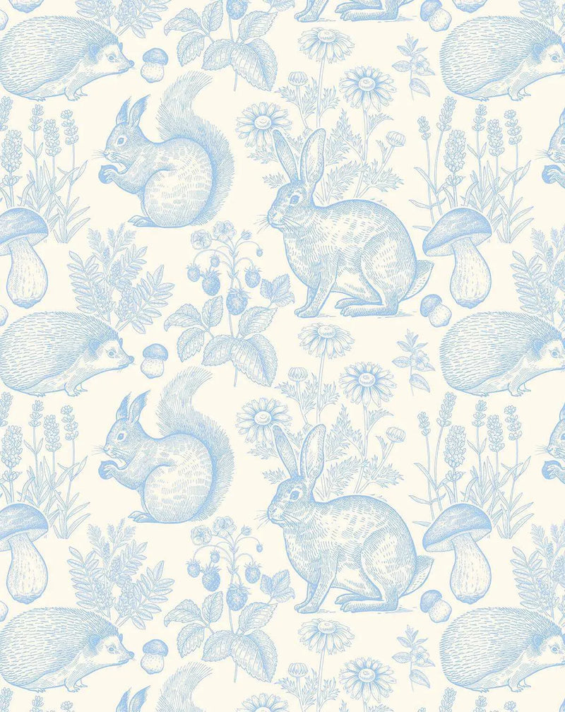 Woodland Folk Wallpaper in sky blue features a repeating pattern of detailed pen and ink illustrations on a cream background. The design includes hedgehogs, rabbits, squirrels, mushrooms, daisies, lavender sprigs, and berry branches rendered in delicate line work with blue ink. The animals are shown in naturalistic poses among the flora, creating a whimsical forest scene. The illustration style has a classic, engraved quality with fine crosshatching for shading and texture detail throughout the composition.