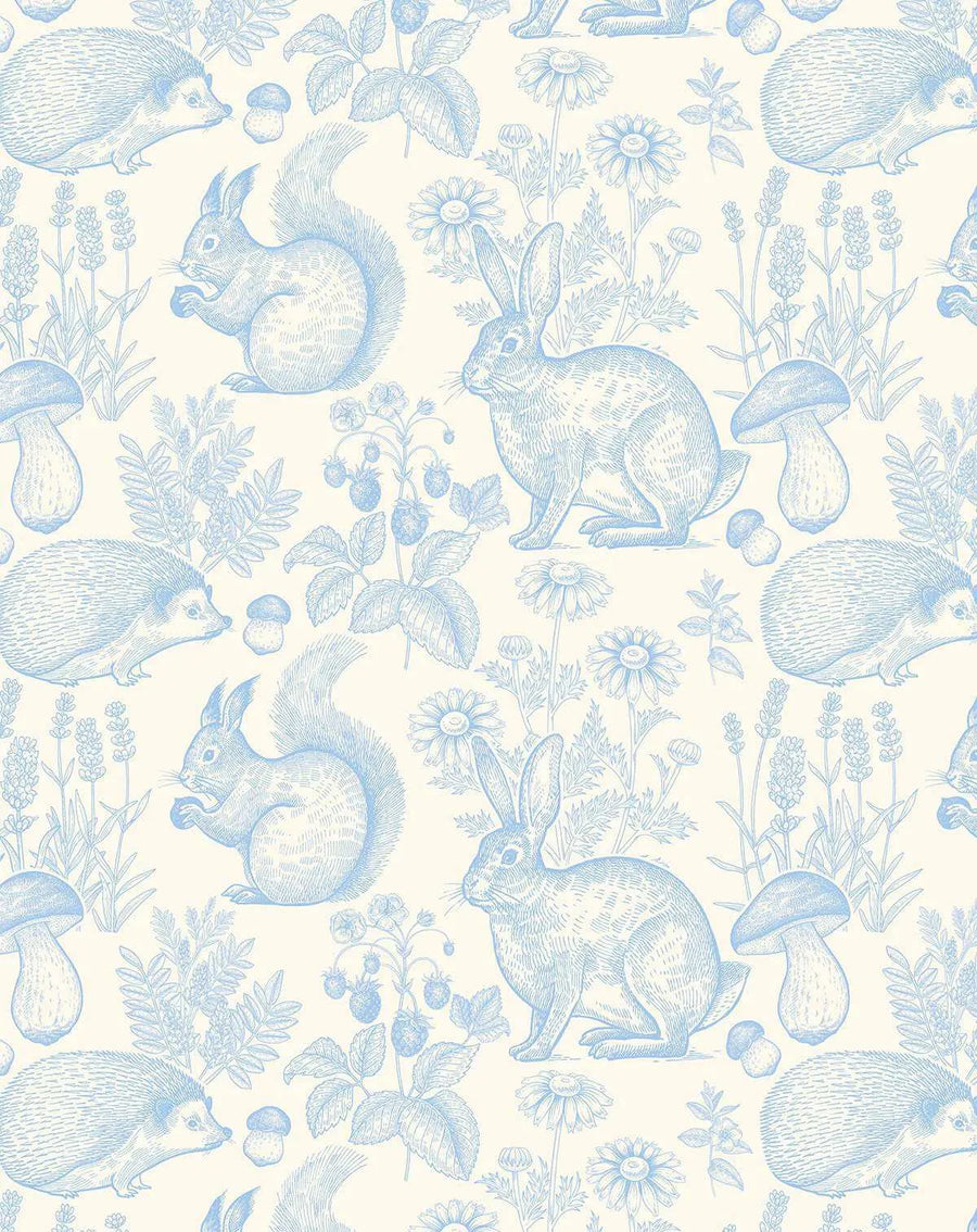 Woodland Folk Wallpaper in sky blue features a repeating pattern of detailed pen and ink illustrations on a cream background. The design includes hedgehogs, rabbits, squirrels, mushrooms, daisies, lavender sprigs, and berry branches rendered in delicate line work with blue ink. The animals are shown in naturalistic poses among the flora, creating a whimsical forest scene. The illustration style has a classic, engraved quality with fine crosshatching for shading and texture detail throughout the composition.