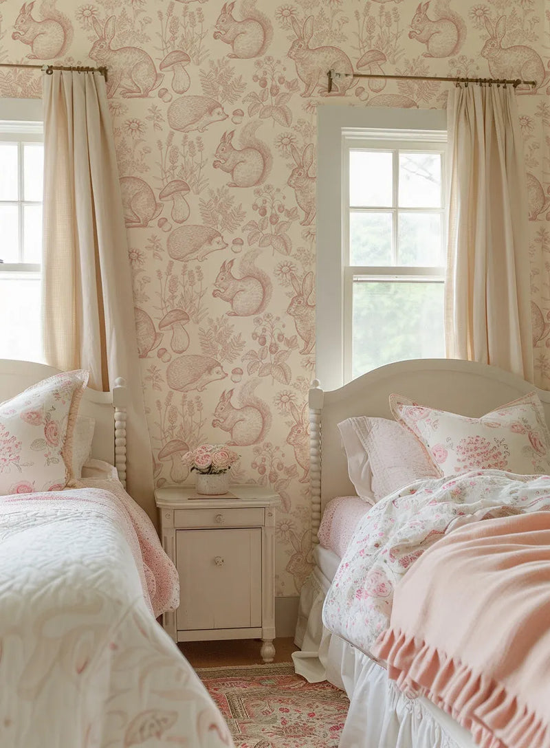 Woodland Folk Wallpaper - Pink from Olive et Oriel where you can shop wallpaper and artworks online