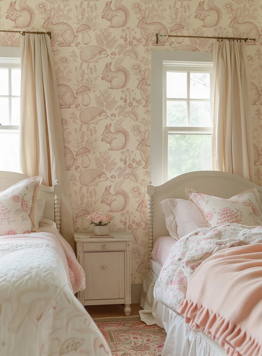 Woodland Folk Wallpaper - Pink from Olive et Oriel where you can shop wallpaper and artworks online