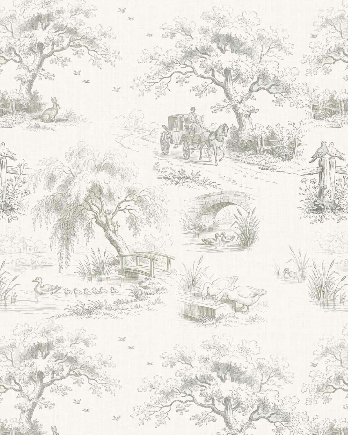 Woodland Pond Toile de Jouy Wallpaper