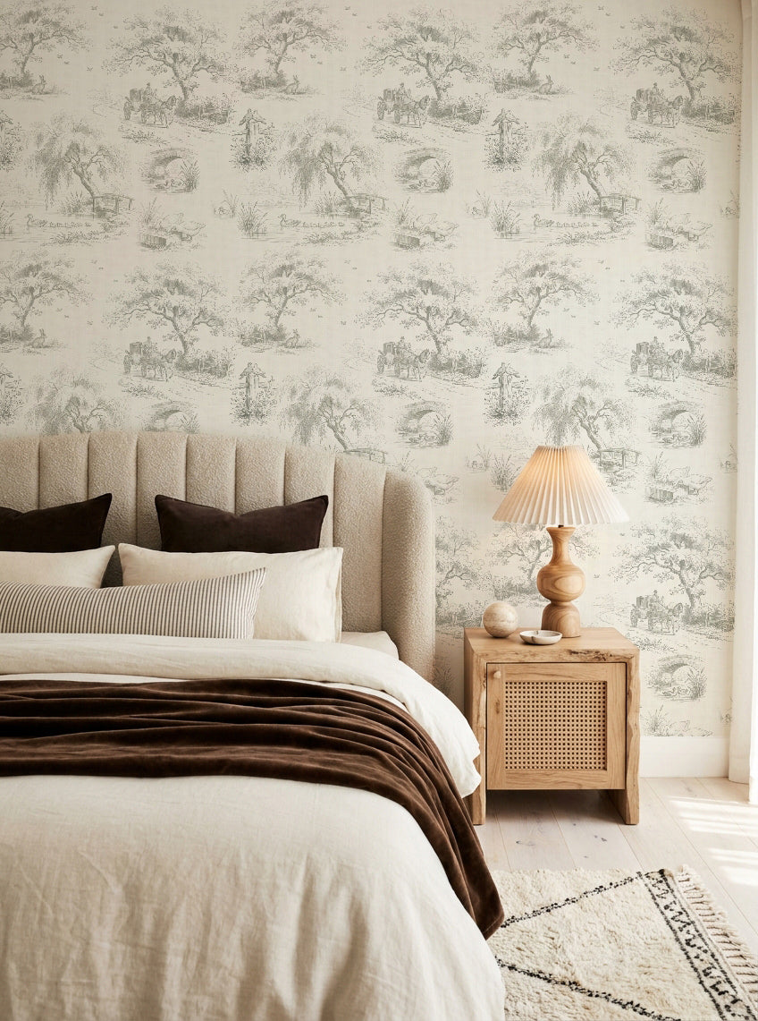 Woodland Pond Toile de Jouy Wallpaper