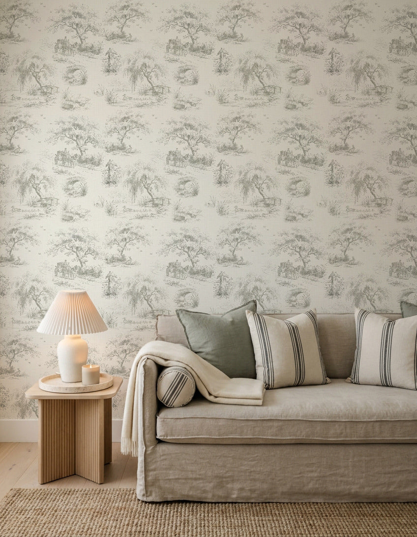 Woodland Pond Toile de Jouy Wallpaper