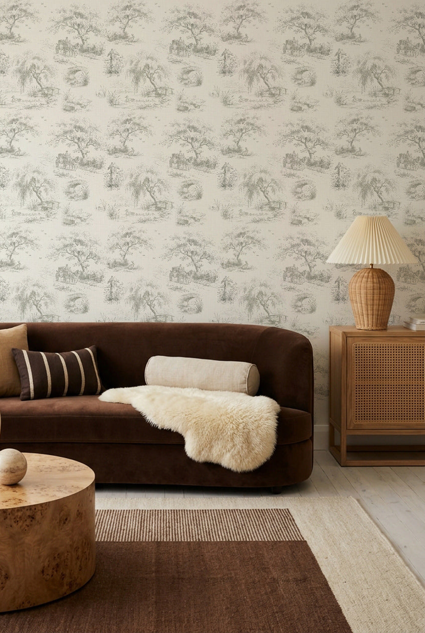 Woodland Pond Toile de Jouy Wallpaper