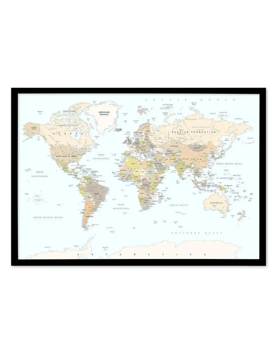 Classic political world map in beige and green tones in black frame on white background