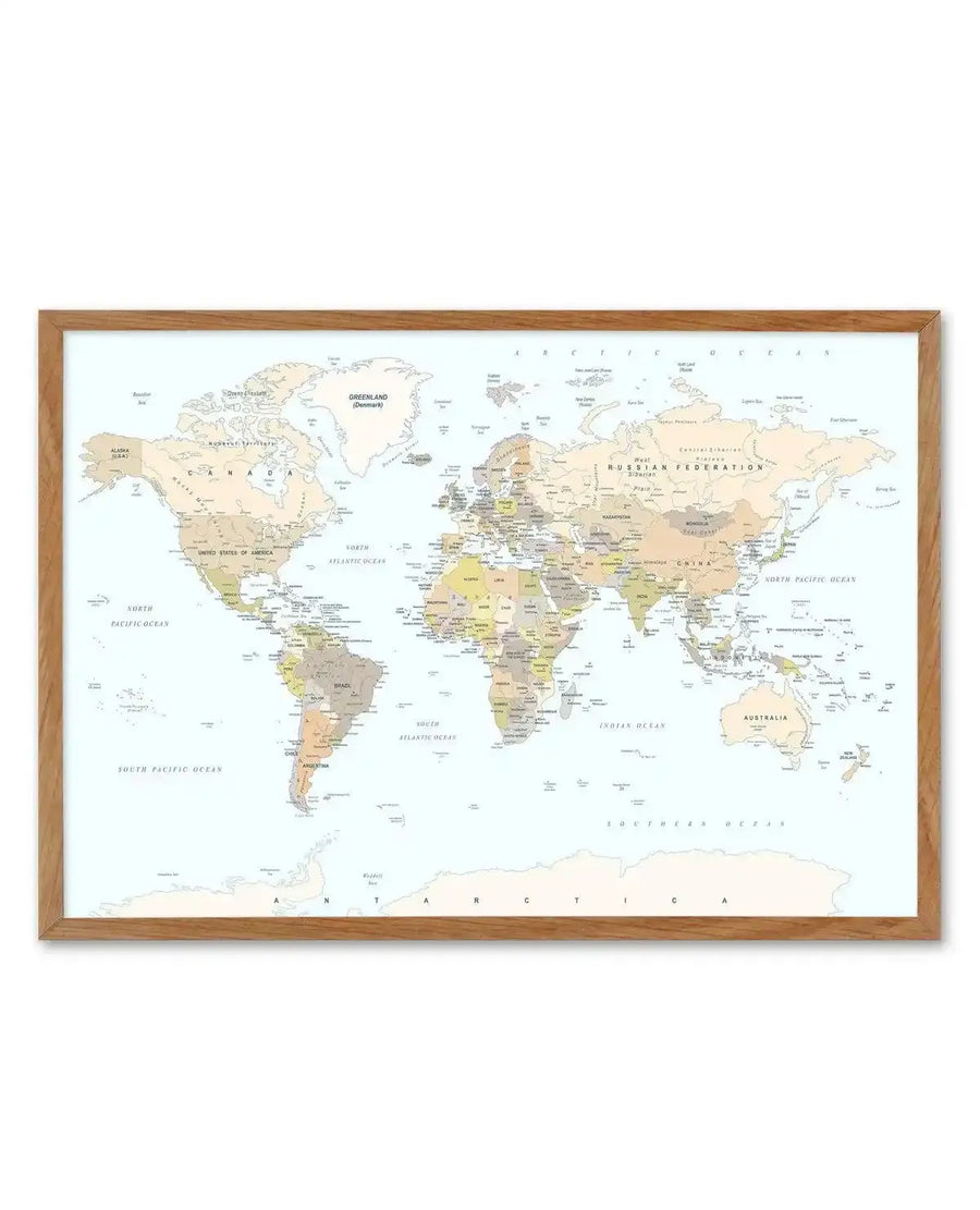 Classic political world map in beige and olive tones in dark ash wood frame on white background