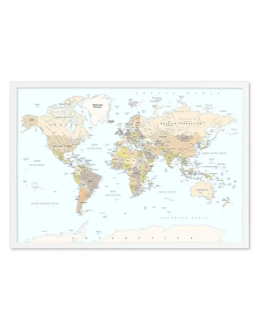 Classic political world map in beige and green tones in white frame on white background
