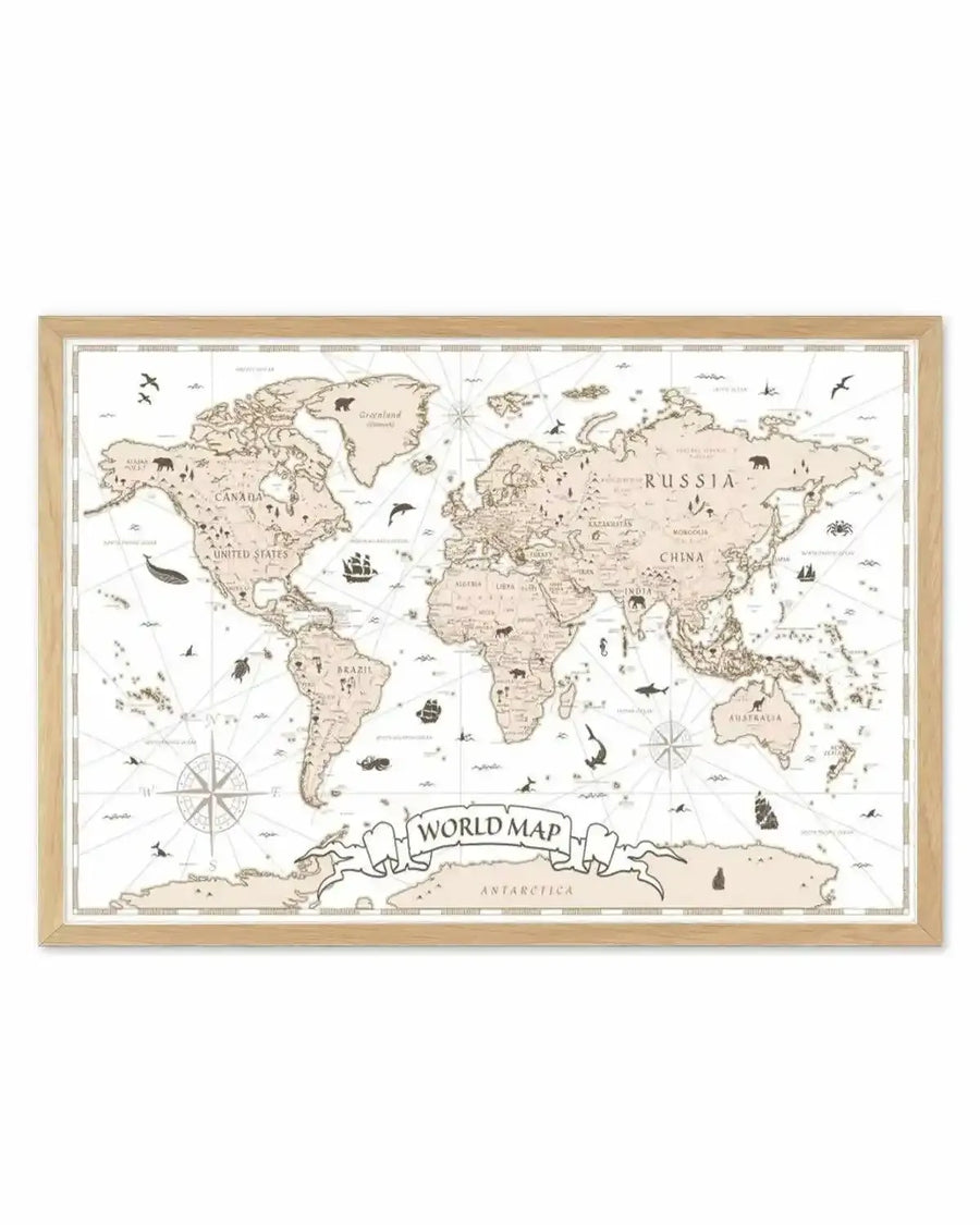 Vintage beige world map with compass rose and animal icons in natural wood frame