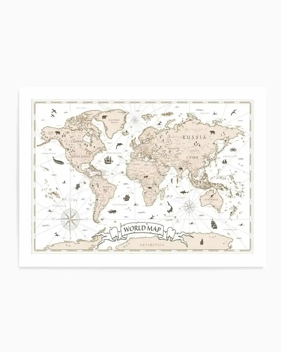 Vintage beige world map with compass rose and animal icons, unframed print