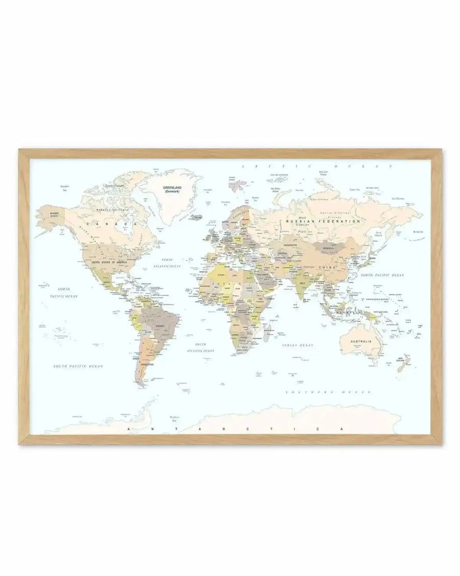 Classic political world map in beige and olive tones in natural oak frame, no mat