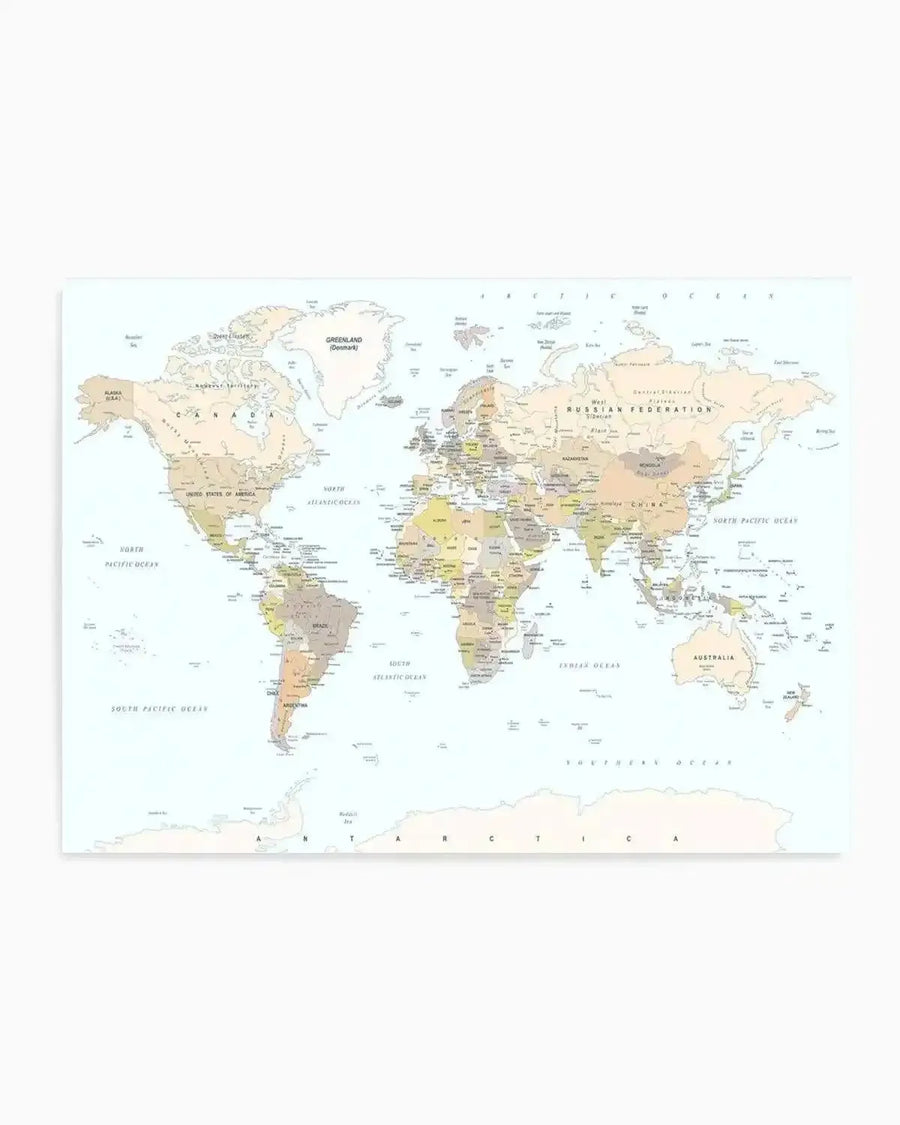 World map art print with countries depicted in muted earth tones including cream, tan, sage green, and dusty yellow, displayed on a light background. The map shows all continents and oceans labeled, with country borders marked in thin lines and major cities indicated with small text. The illustration style is traditional cartographic with a soft, aged appearance. Antarctica is shown at the bottom with a scale bar. The overall composition is horizontal and rectangular, suitable for wall display.