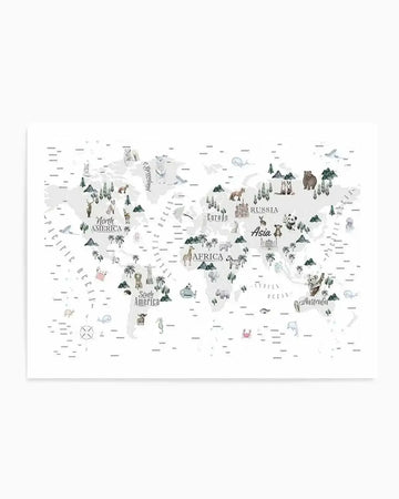 World map art print featuring hand-drawn animals and landmarks on a white background, with continents outlined in light grey. North America shows a moose, bear, and deer; Europe features a horse and castle; Russia has a brown bear and fox; Asia includes a panda and elephant; Africa displays a giraffe and zebra; South America shows the Christ the Redeemer statue and a sloth; and Australia features a koala. The oceans are dotted with various marine life like whales, dolphins, and crabs.