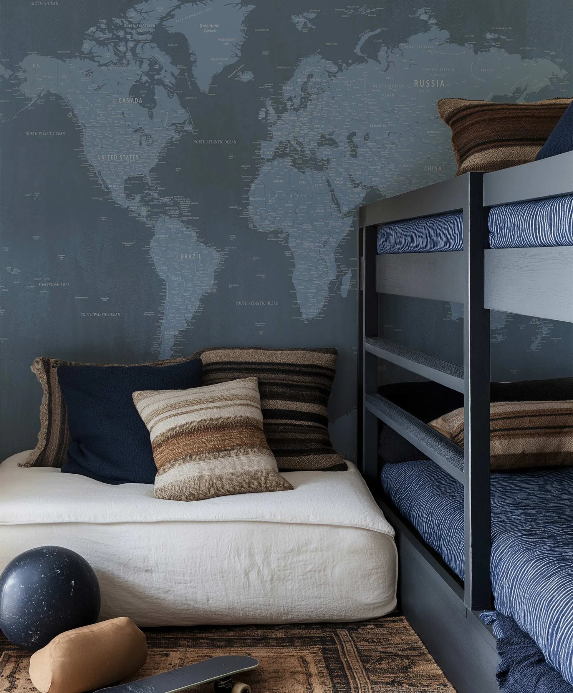 World Map Navy Wallpaper Mural from Olive et Oriel where you can shop wallpaper and artworks online