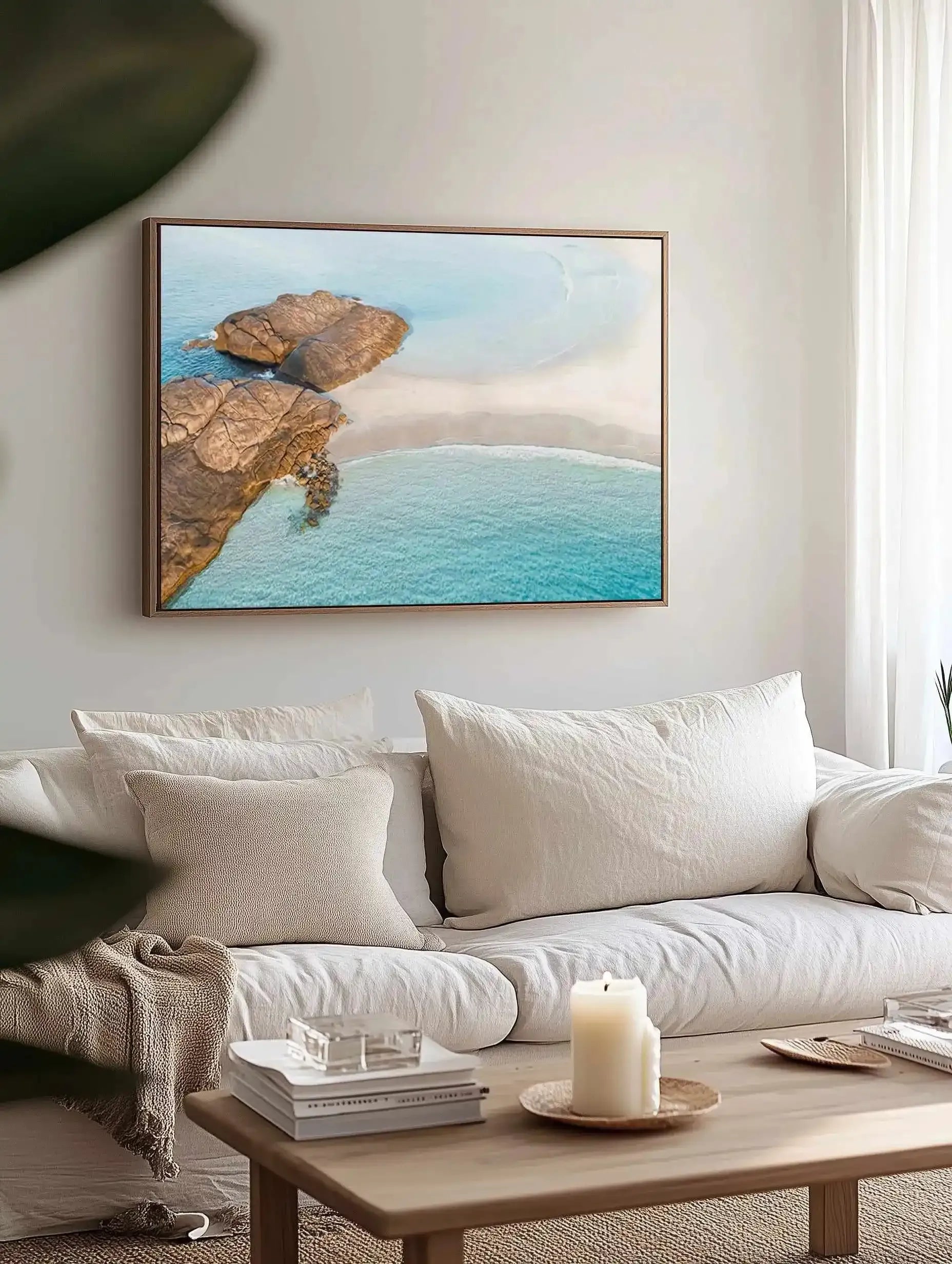 Wylie Bay Rocks | Aerial Photo Wall Framed Canvas Art Print from Olive et Oriel where you can shop wallpaper and artworks online