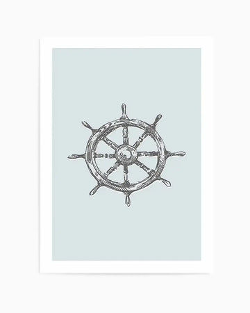 Art print featuring a hand-drawn illustration of a ship's wheel in dark grey on a pale blue-green background, with a white border. The wheel has eight spokes and a central hub, rendered with fine line work and cross-hatching to suggest texture and depth.