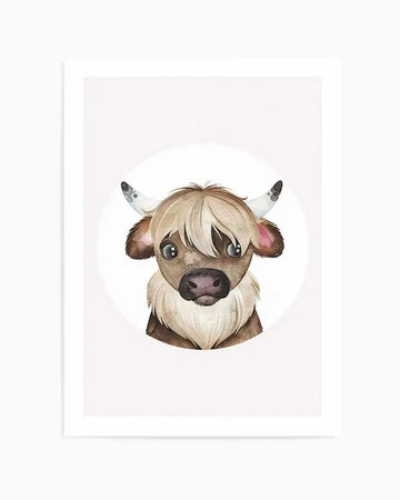 Watercolour art print featuring a cute baby yak illustration with light brown shaggy hair, large dark eyes, and small white horns with grey tips, set against a plain white background.