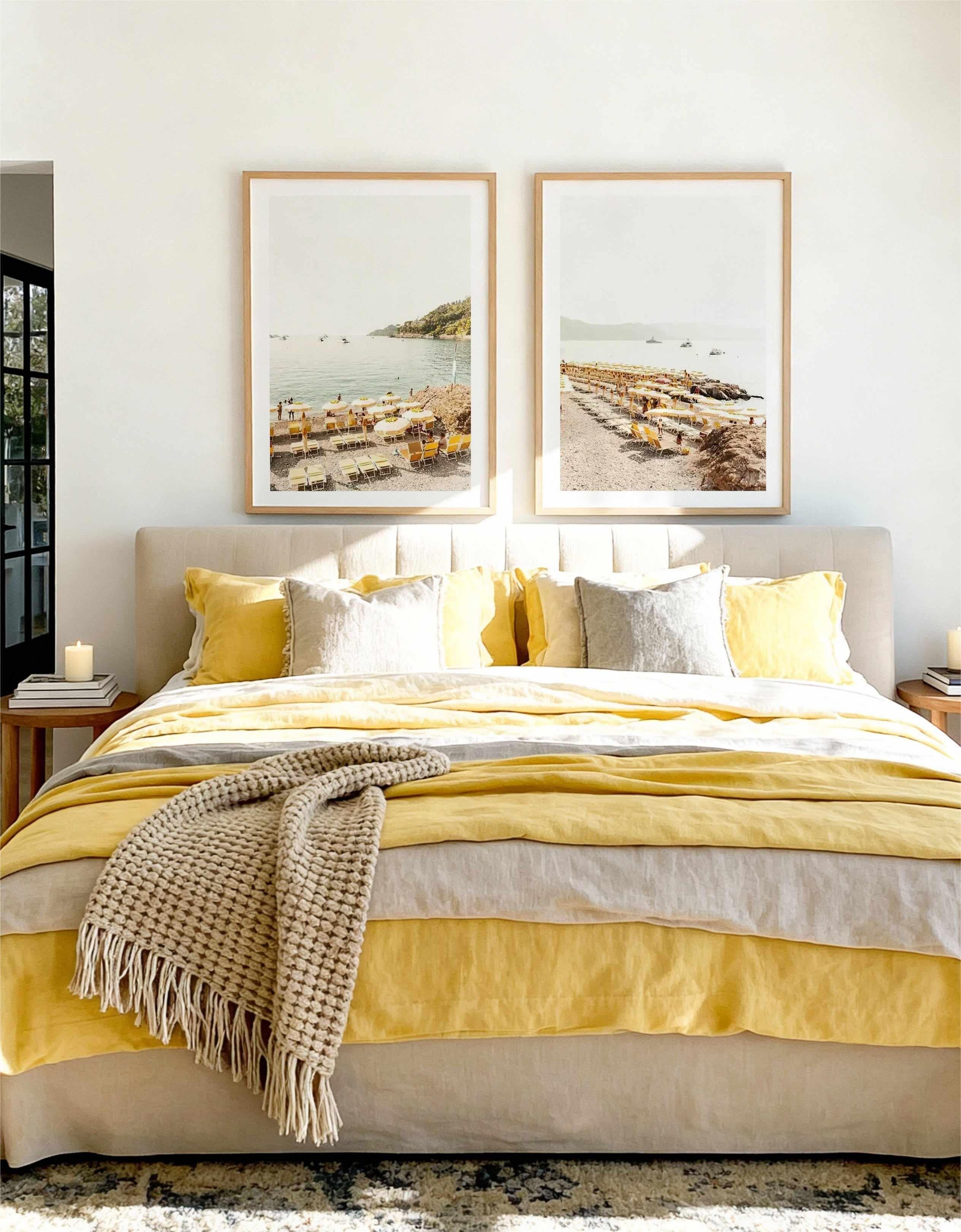 Yellow Umbrella Italian Riviera No I & II Art Print Set of 2 | Matching Wall Art