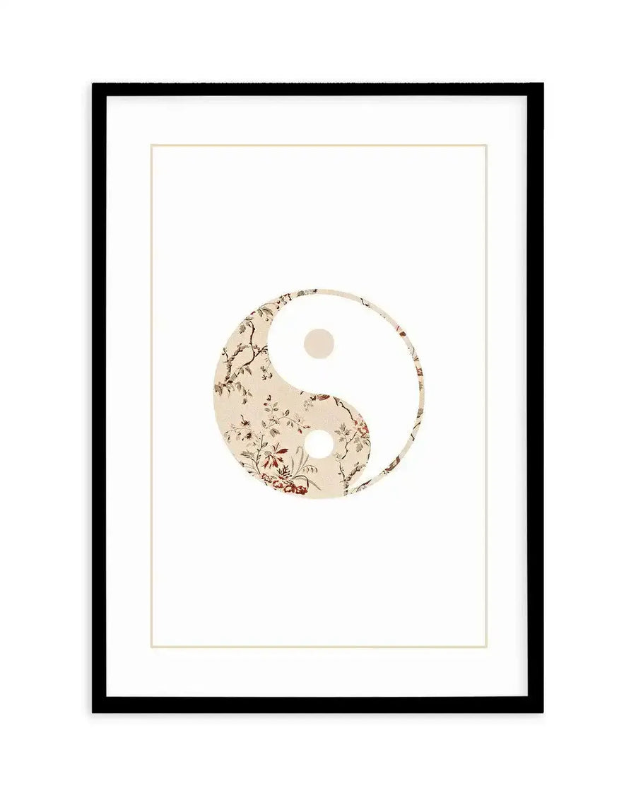 Art print featuring a Yin & Yang symbol with one half in solid white and the other in a nude, cream-colored floral pattern with delicate red and brown branches and leaves, displayed in a black frame with white border.