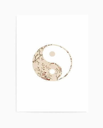 Art print featuring a Yin & Yang symbol with a floral pattern on the dark side and solid white on the light side. The floral pattern is composed of delicate branches with small leaves and red flowers on a light cream background, giving it a vintage, botanical illustration quality.