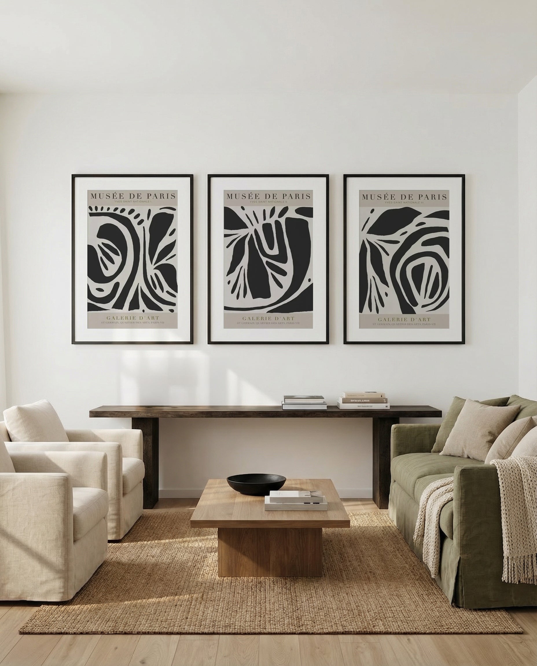 Yves Saint Nationale I, II & III | 3 Piece Wall Art Set in Beige and Black abstract art print oak frame with white border