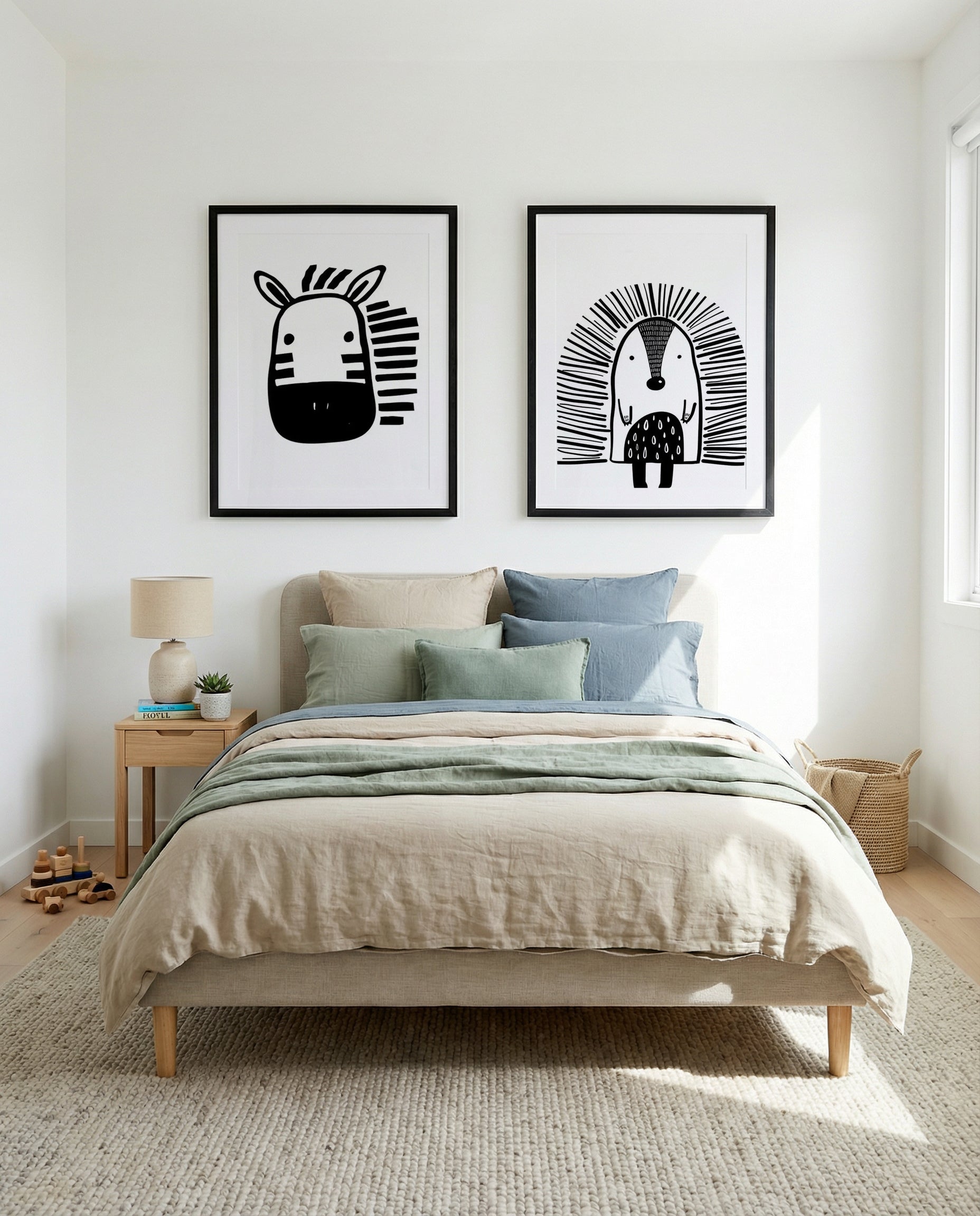 Zebra & Hedgehog B&W Art Print Set of 2 | Matching Wall Art