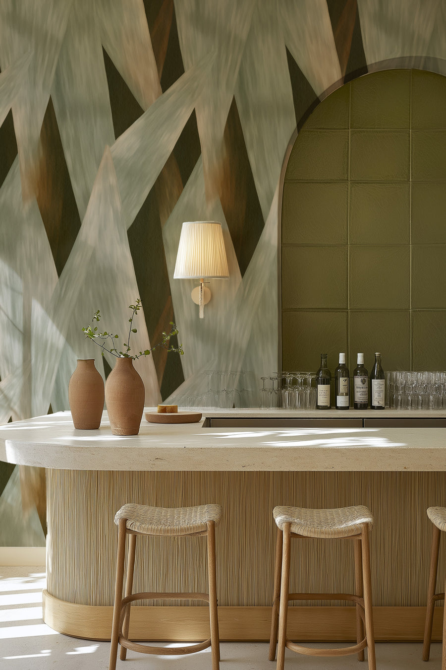 Ziggy Abstract in Khaki Green Commercial Vinyl Wallpaper from Olive et Oriel where you can shop wallpaper and artworks online