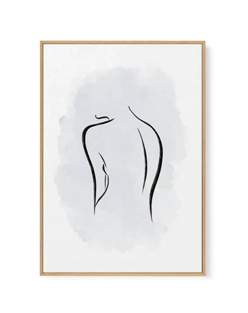 Abstract canvas print featuring a minimalist line drawing of a woman's back in black, with a soft periwinkle blue watercolour wash behind the figure, displayed in a natural oak frame.