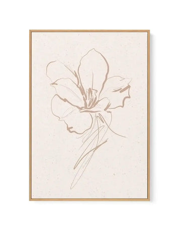 Framed canvas art print featuring a minimalist line drawing of a lily flower in warm taupe and beige tones on a cream-colored textured background. The botanical sketch shows five petals with delicate stamens at the center, accompanied by a long slender stem. The artwork is displayed in a natural wood frame with a simple border. The style is loose and gestural, with organic flowing lines creating an elegant, understated botanical illustration.
