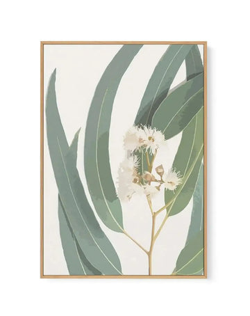 Framed canvas art print featuring an abstract botanical illustration of eucalyptus branches with long, curved sage green leaves and delicate white clustered flowers in the center. The composition uses soft watercolor-style rendering with muted earth tones against a cream background. The artwork is displayed in a natural wood frame with white border.