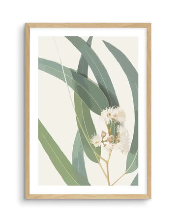 Abstract art print featuring eucalyptus leaves and flowers in a natural oak frame with white border. The illustration depicts several long, slender eucalyptus leaves in varying shades of muted sage green and olive, with subtle brushstroke textures. A cluster of small, fluffy white eucalyptus flowers with delicate stamens and a few closed buds are shown on a thin stem, set against a soft cream background.