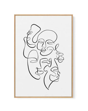 Framed canvas art print featuring abstract line drawings of multiple overlapping faces in continuous black ink lines on a white background. The minimalist composition shows five stylized faces in various orientations, creating an interlocking design. Natural wood frame with white border surrounding the artwork.