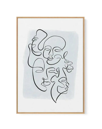 Framed canvas art print featuring abstract line-drawn faces in continuous black ink strokes on a light periwinkle watercolor wash background. Multiple overlapping face profiles and frontal views create an interconnected composition. Natural wood frame with white border around the artwork. Minimalist illustrative style with expressive, flowing linework suggesting various emotional expressions and perspectives.