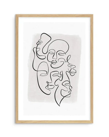 Abstract art print featuring a continuous line drawing of multiple overlapping faces in black ink on a light grey textured background, printed on fine art paper and displayed in a natural oak frame with white border.