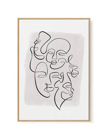 Framed canvas art print featuring abstract continuous line drawing of five overlapping faces in black ink on a light beige watercolor wash background. Natural wood frame with white border. Minimalist line art style in profile and front-facing views, creating an interconnected composition of human profiles.
