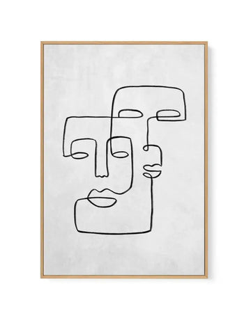 Framed canvas art print featuring two abstract line-drawn faces in black ink on a light gray concrete textured background. The faces are created with continuous, minimalist linework depicting simplified facial features including eyes, noses, lips, and ear outlines. The design has an artistic, sketch-like quality. The artwork is displayed in a natural wood frame with a white border.