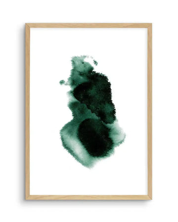 Abstract art print featuring a large, organic shape in varying shades of deep emerald green and lighter teal, with a watercolour texture and visible brushstrokes, displayed in a natural oak frame with white border.