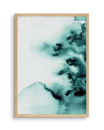 Abstract art print featuring fluid, organic watercolour brushstrokes in varying shades of teal and deep blue-green, creating a dynamic, cloud-like composition on a white background, displayed in a natural oak frame with white border.