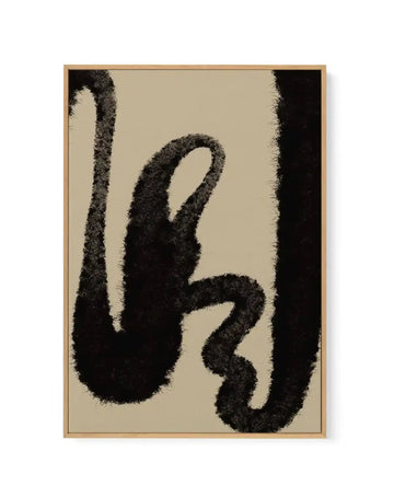 Abstract Khaki I framed canvas art print featuring bold black brushstroke-like forms resembling organic shapes or gestural marks against a warm khaki beige background. The textured, stippled black strokes create an expressive, contemporary aesthetic. Natural wood-tone frame with clean lines displays the artwork. Vertical composition with high contrast between the dark charcoal marks and light neutral background creates visual impact suitable for modern interior spaces.