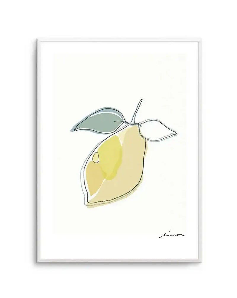 Abstract art print featuring a single lemon with two leaves, outlined in thin black lines with areas of pale yellow and bright yellow watercolour washes, displayed in a white frame with white border.