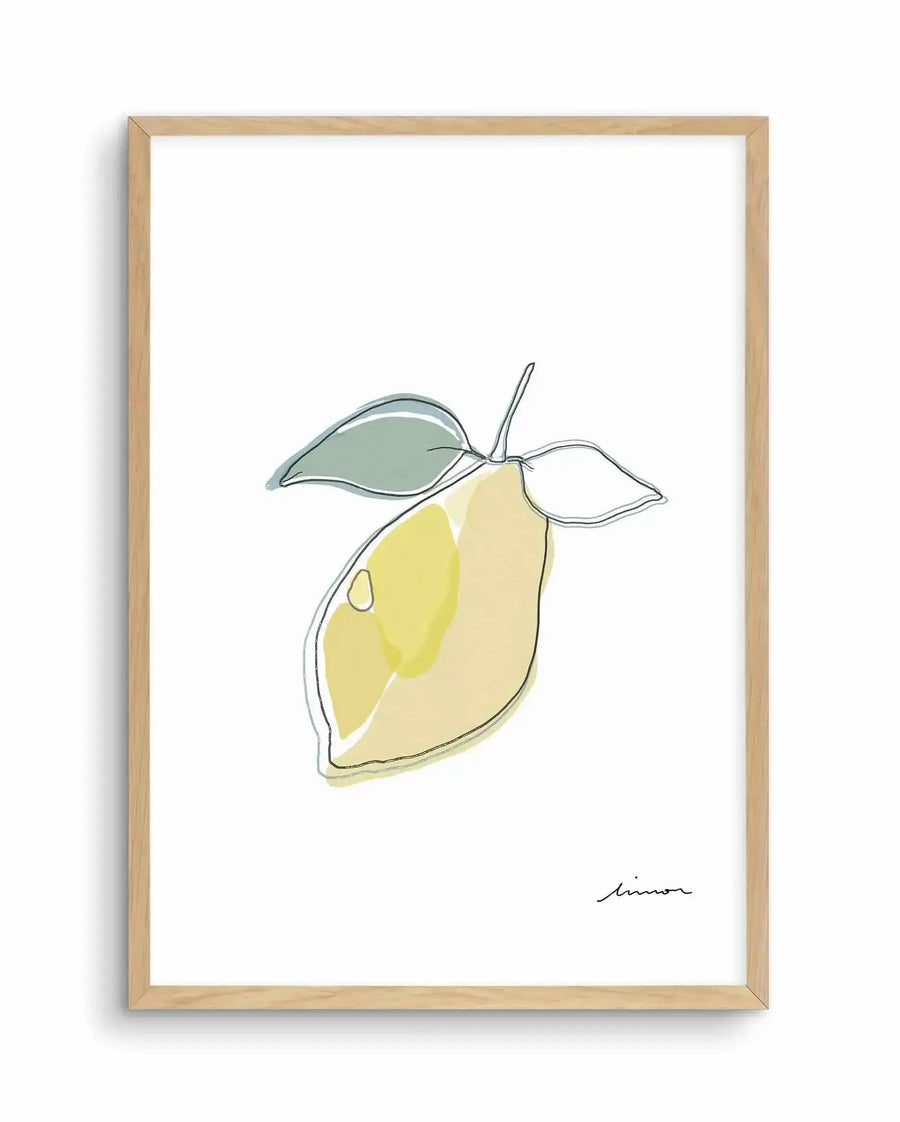 Abstract art print featuring a minimalist line drawing of a lemon with two leaves, in black outline with washes of pale yellow and sage green, displayed in a natural oak frame with white border. The word "limon" is written in script in the bottom right corner.