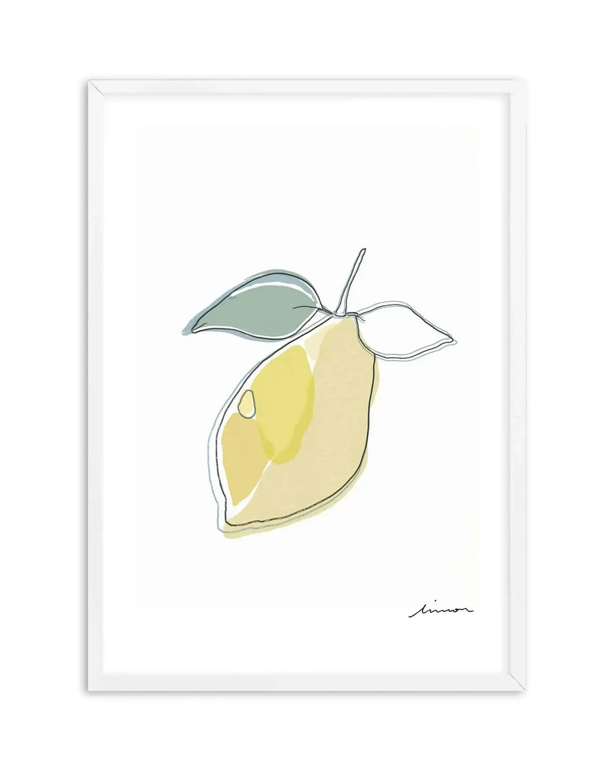 Abstract art print featuring a single lemon with two leaves, rendered in a minimalist line art style with watercolour washes. The lemon is outlined in dark grey, with areas of pale yellow and a brighter, more opaque yellow fill, suggesting segments. The two leaves are outlined in dark grey and filled with a muted sage green wash. The print is displayed in a white frame with a white border, and the word "limon" is handwritten in black script in the bottom right corner.