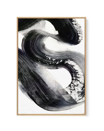Abstract Lines II framed canvas art print featuring bold, sweeping brushstrokes in black and charcoal gray against a cream white background. The composition shows intertwining curved lines with textured, layered paint application creating depth and movement. White speckled accents punctuate the darker strokes. Natural wood frame with white border surrounding the artwork.