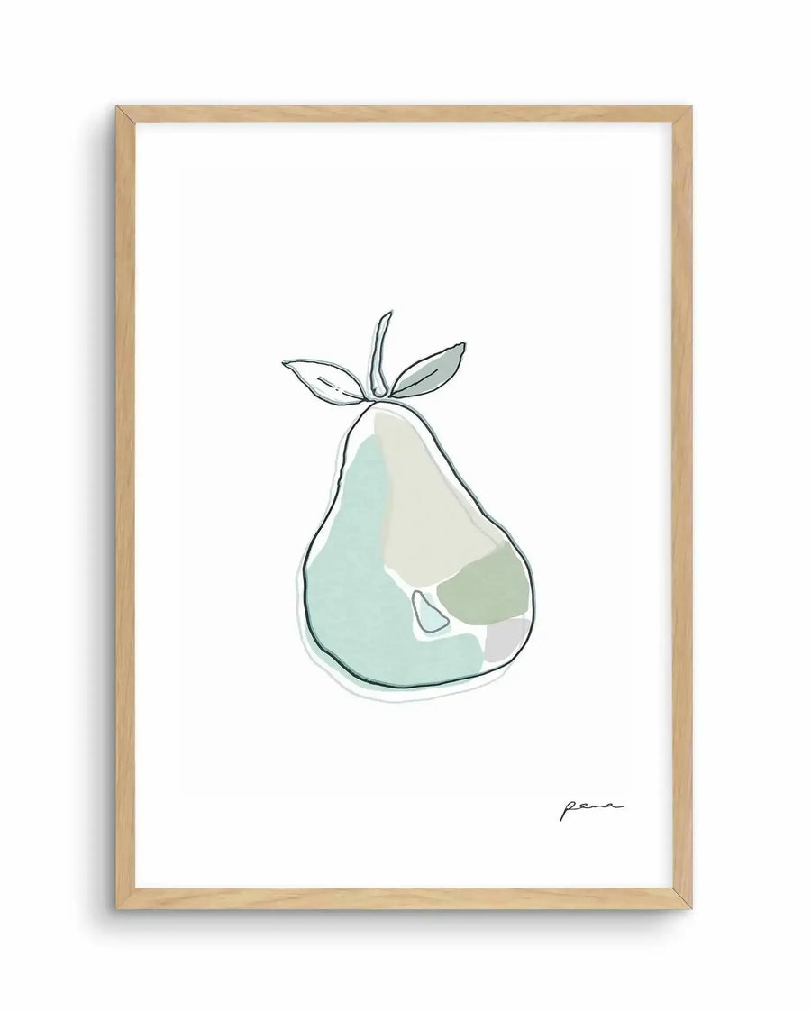 Watercolour art print featuring an abstract pear illustration with a black outline and soft washes of pale mint green, sage green, and cream, printed on fine art paper and displayed in a natural oak frame with white border.