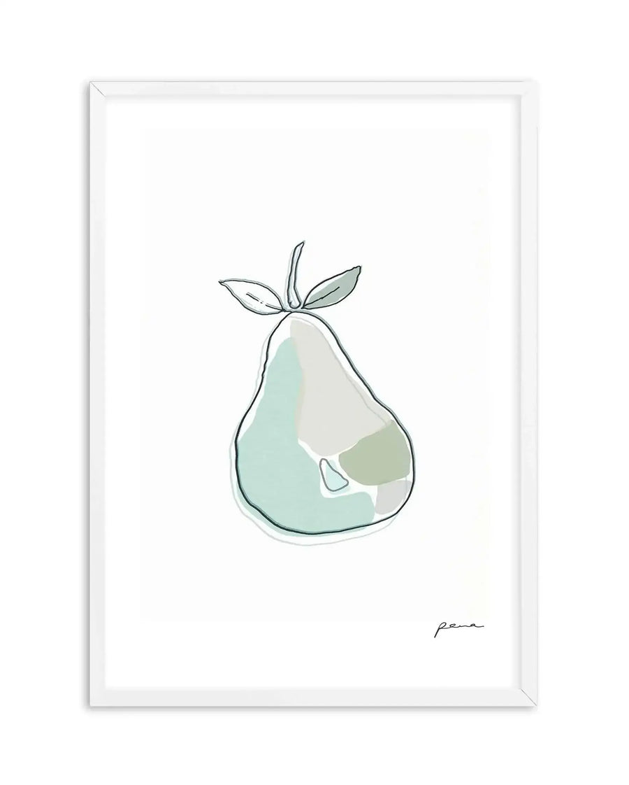 Abstract art print featuring a stylized pear illustration with a black outline and soft, translucent washes of pale mint green, light grey, and sage green, printed on fine art paper and displayed in a white frame with white border.