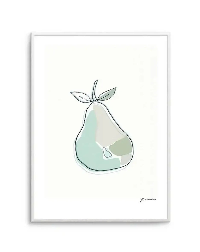 Abstract art print featuring a minimalist illustration of a pear with a stem and two leaves, outlined in a thin black line. The pear is filled with soft, translucent washes of pale mint green, light grey-green, and a deeper sage green, creating a watercolour-like effect. The print is displayed in a white frame with a white border. A handwritten script word "pena" is visible in the bottom right corner.