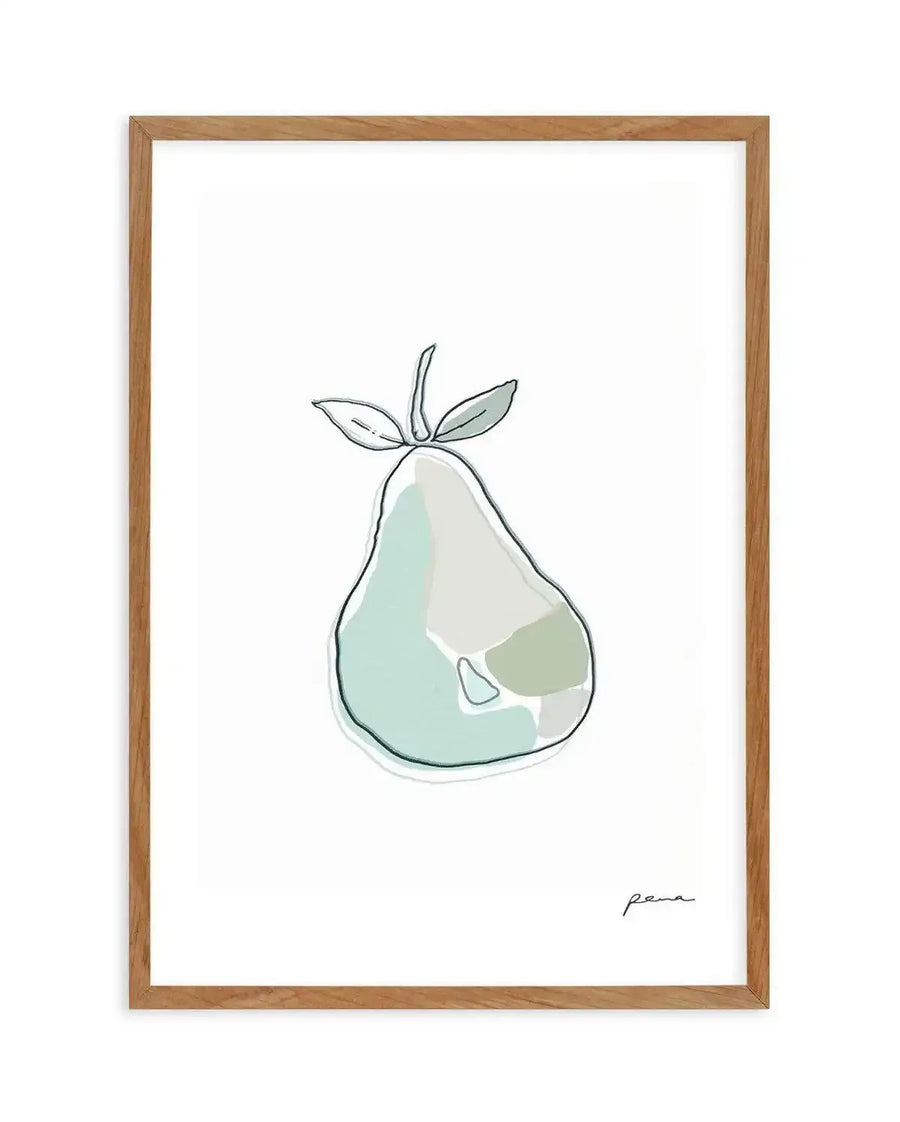 Abstract art print featuring a minimalist illustration of a pear with a thin black outline and soft, irregular washes of pale mint green, light grey, and sage green, printed on fine art paper and displayed in a natural oak frame with white border.
