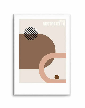 Abstract art print featuring geometric shapes in warm, muted tones of brown, beige, and blush pink, with a black and white striped circle, displayed in a white frame with a white border.