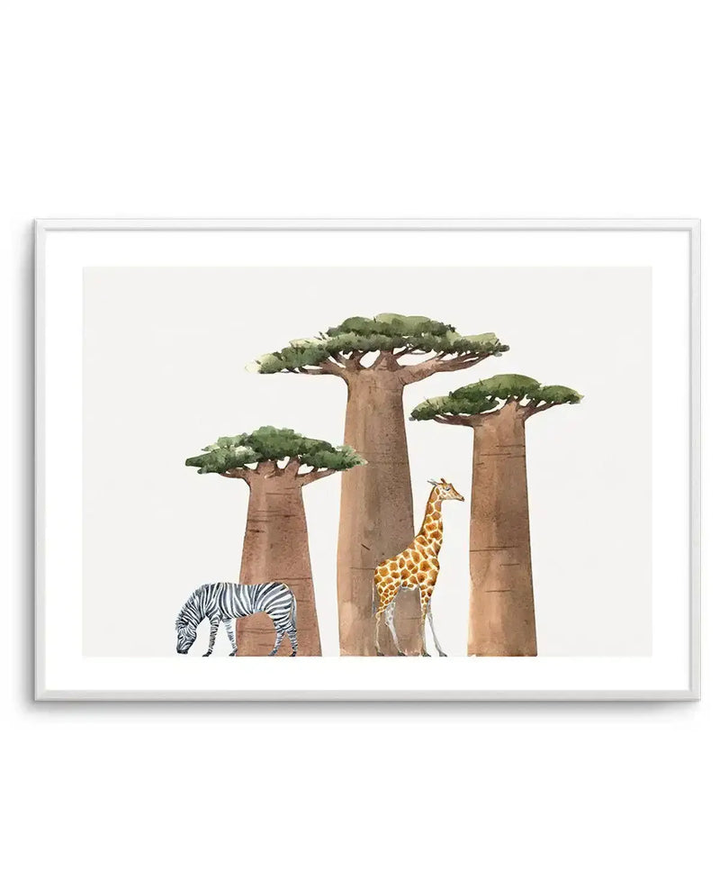 Watercolour art print featuring three baobab trees with thick brown trunks and green canopies, alongside a grazing zebra and a standing giraffe, on a light cream background, displayed in a white frame with white border.