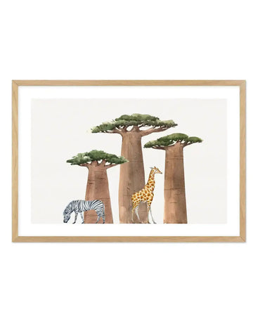 Watercolour art print featuring three large baobab trees with thick brown trunks and green leafy canopies, with a zebra grazing on the left and a giraffe standing on the right, displayed in a natural oak frame with white border.