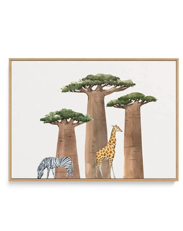 Watercolor illustration of an African savanna landscape framed in natural wood. Three tall baobab trees with thick tan trunks and rounded green foliage dominate the composition. A zebra grazes on the left near the smallest tree, while a giraffe stands in the center with its distinctive golden-brown patterned coat. Soft, muted earth tones and sage greens create a calm, naturalistic scene against a pale cream background. The canvas print is displayed in a light wooden frame with clean lines.